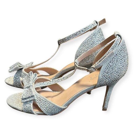 JELLYPOP Women’s Silver Glitter Rhinestone Bow Keelin High Heel Sandals Size 10 - Picture 6 of 8
